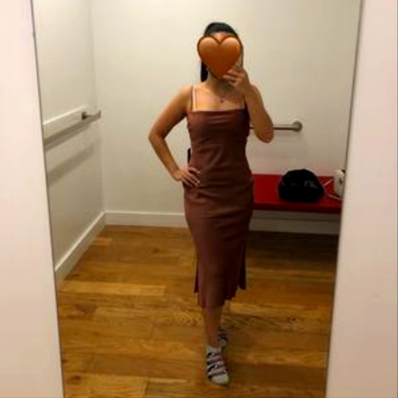 EXPRESS Satin Cowl Neck Midi Slip Dress in Cocoa - Picture 7 of 9